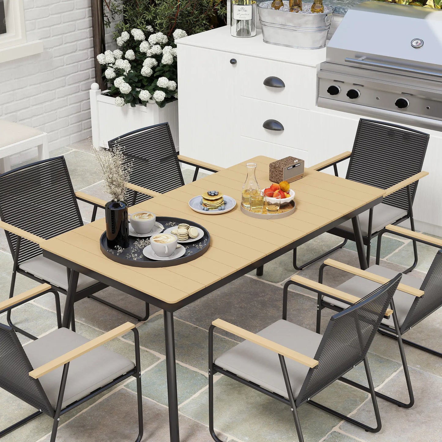 Karutte 6 Seater Garden Dining Set featuring Soft Cushions Rattan Backrest Rectangular Plastic Top Garden Furniture Set Outdoor Dining Table & Chairs for Patio Balcony Poolside Nature Wood Finish