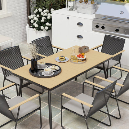 Karutte 6 Seater Garden Dining Set featuring Soft Cushions Rattan Backrest Rectangular Plastic Top Garden Furniture Set Outdoor Dining Table & Chairs for Patio Balcony Poolside Nature Wood Finish