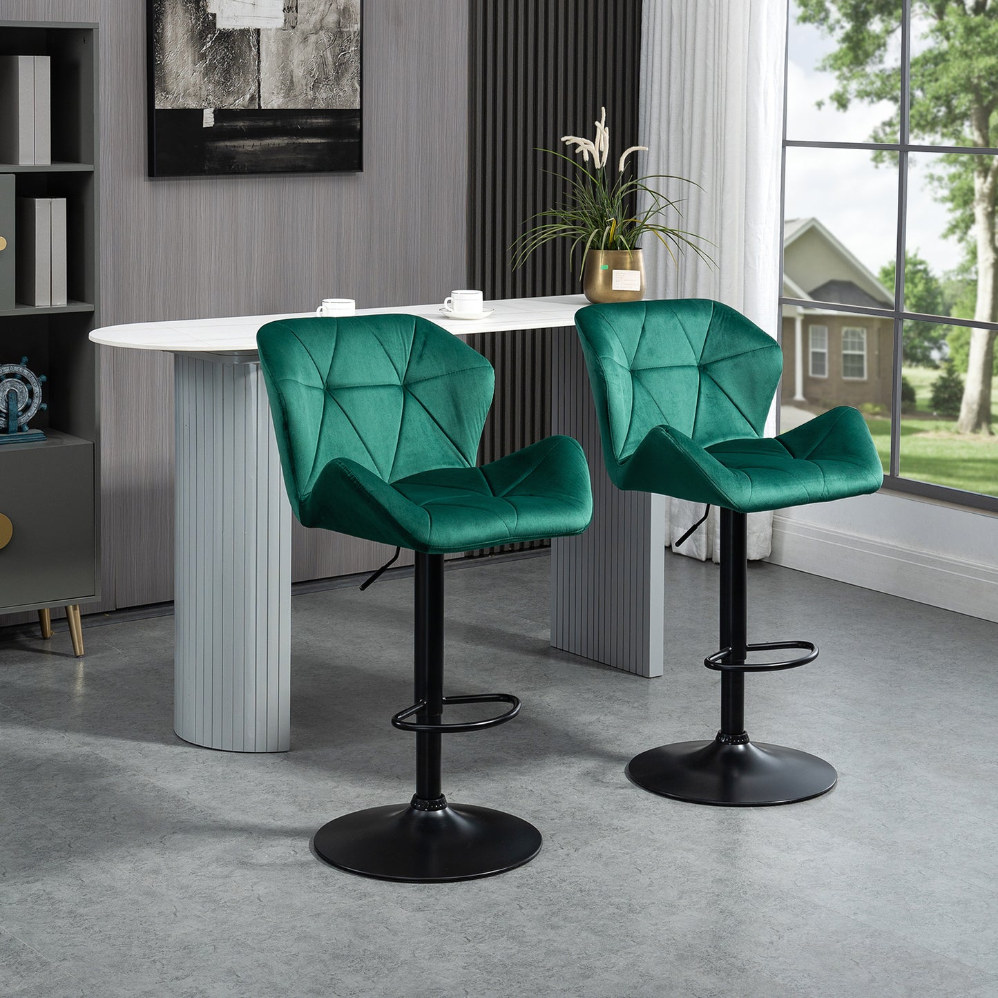 Somaveno Velvet Green Adjustable H8 Bar Stools Set Of 2 With Metal Base And Footrest