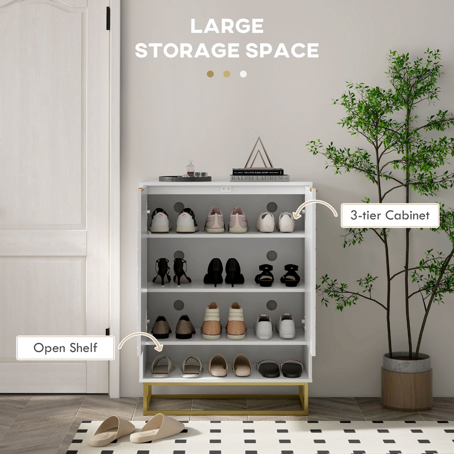 Cosu White Wooden Chevron Shoe Cupboard With Bottom Shelf and Gold Accents For 12 Pairs