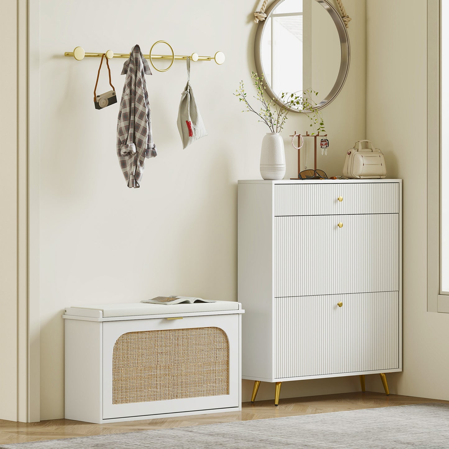 Kekami Wooden White Boho Style Shoe Bench With Cushioned Seat And Flip Drawer