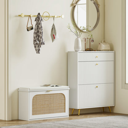 Kekami Wooden White Boho Style Shoe Bench With Cushioned Seat And Flip Drawer