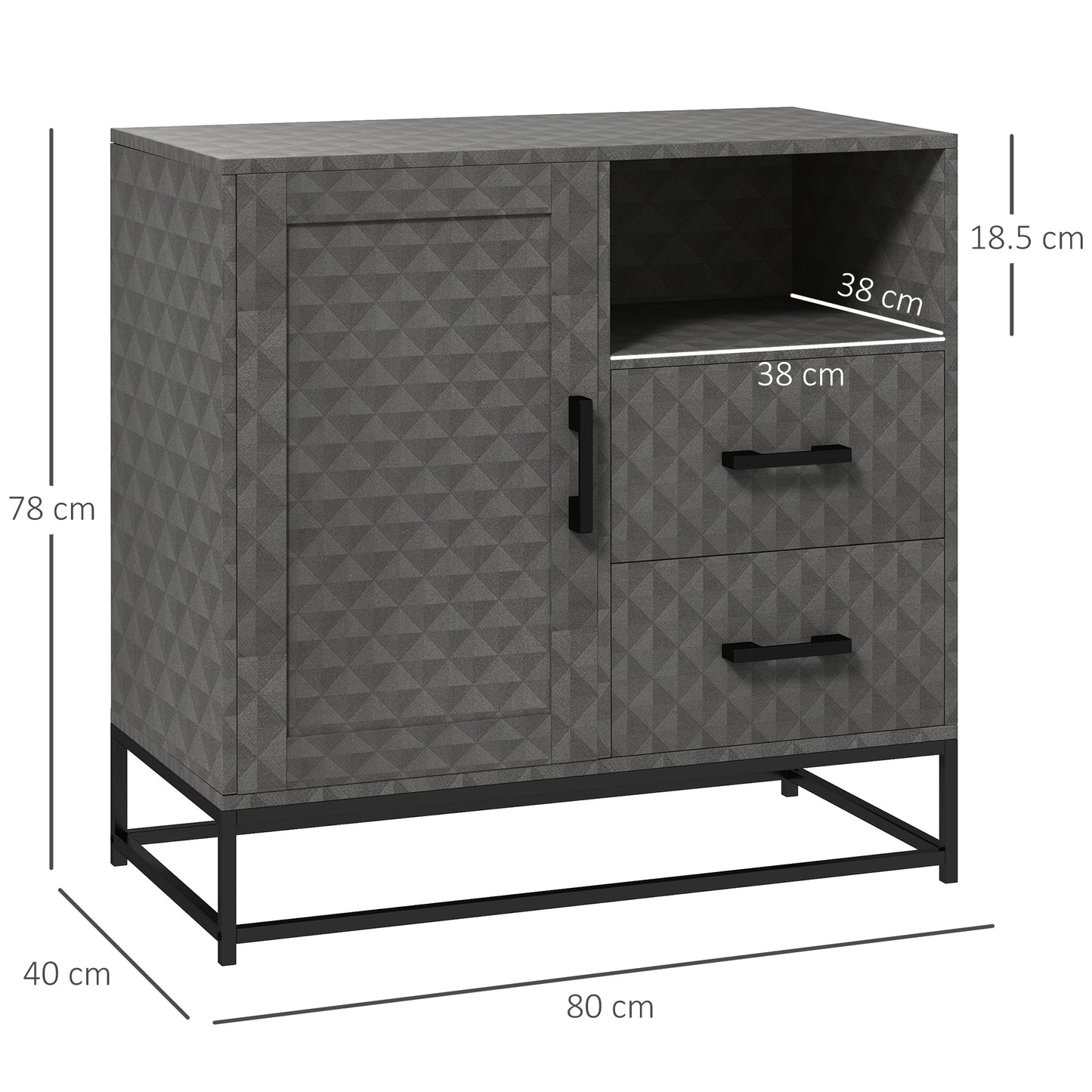 Harofi Grey Retro Sideboard With Openn Compartment 2 Drawers 1 Door
