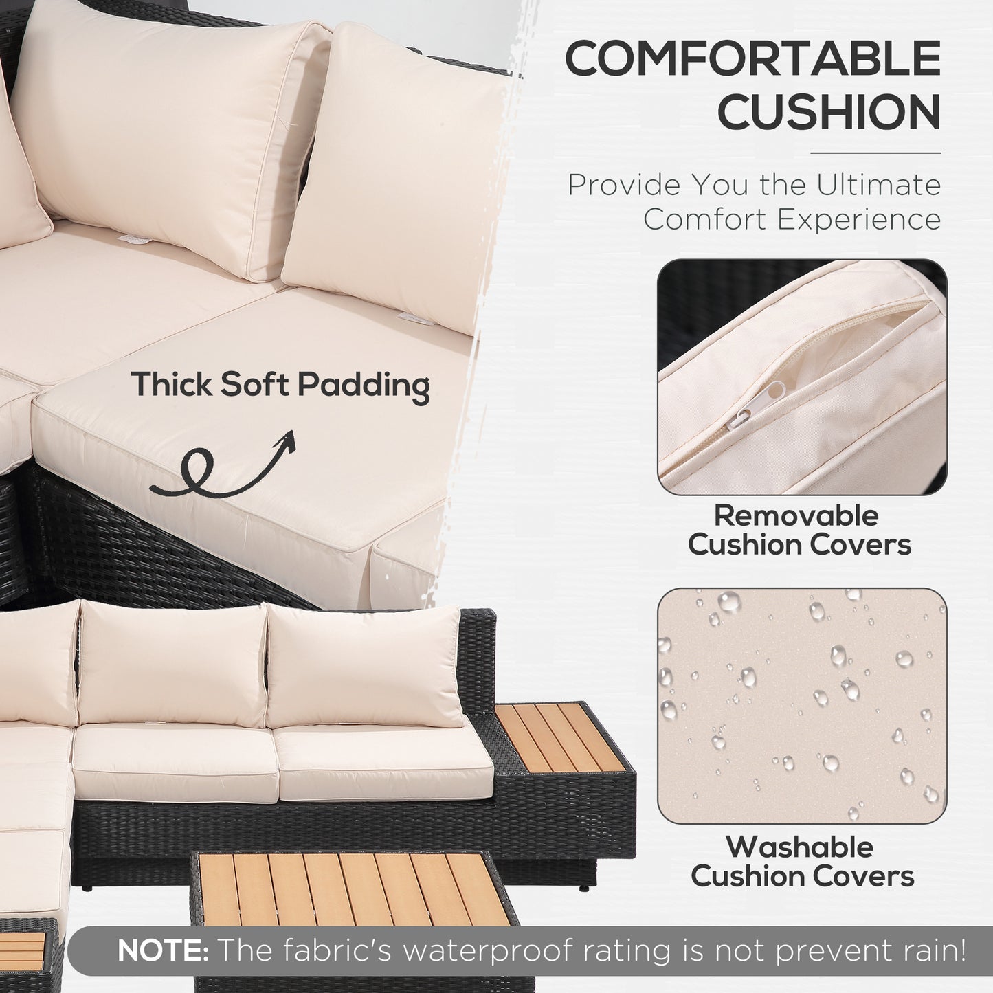 Miramar Rattan Black 5 Seater Outdoor Corner Sofa And Coffee Table Set With Cream Cushions