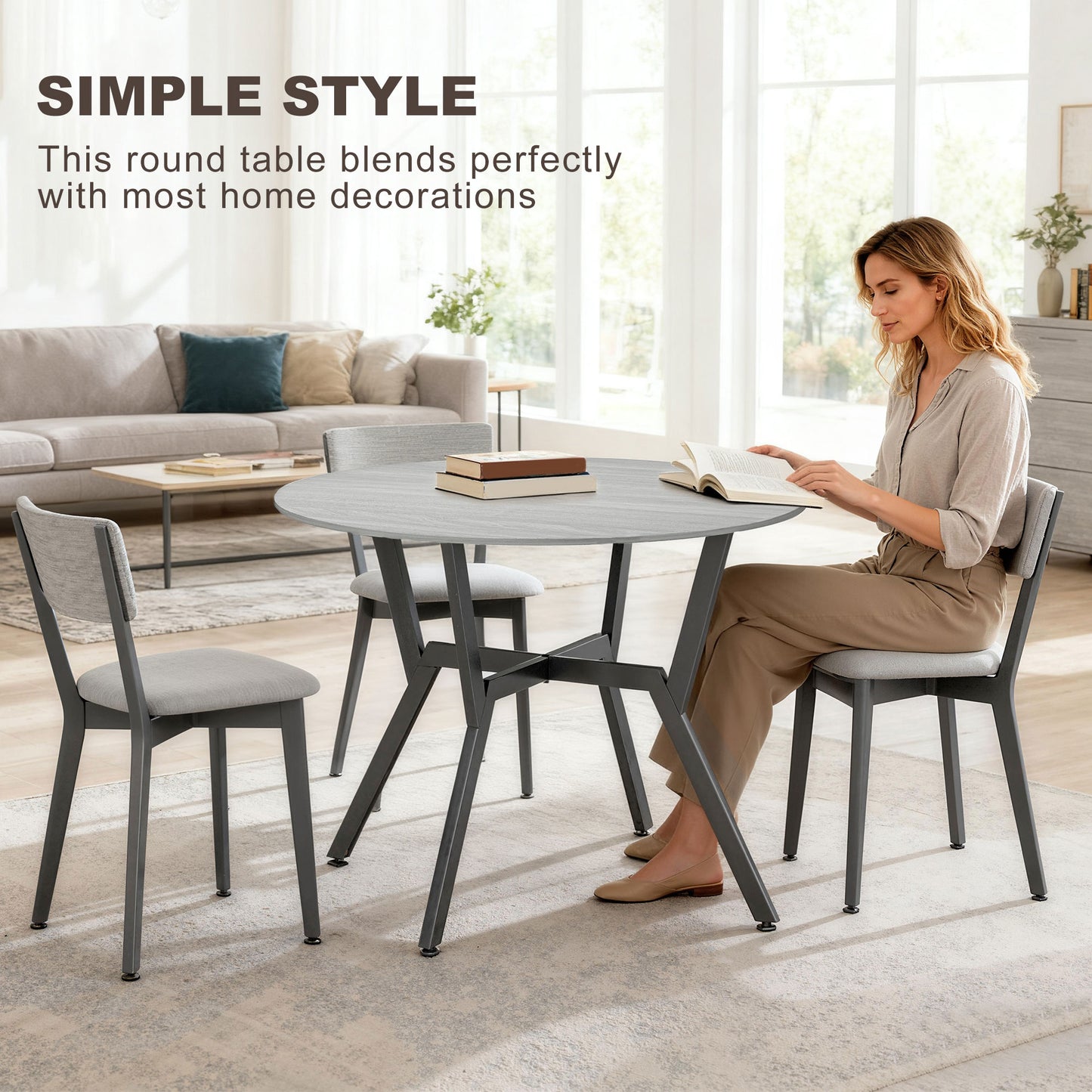 Donato Ziva Grey Round Dining Table With Black Metal Legs And Anti Slip Feet 90cm