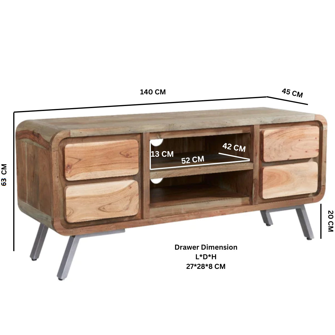 Los Angeles Reclaimed Wood and Metal TV Media Unit 2 Drawers 1 Shelf