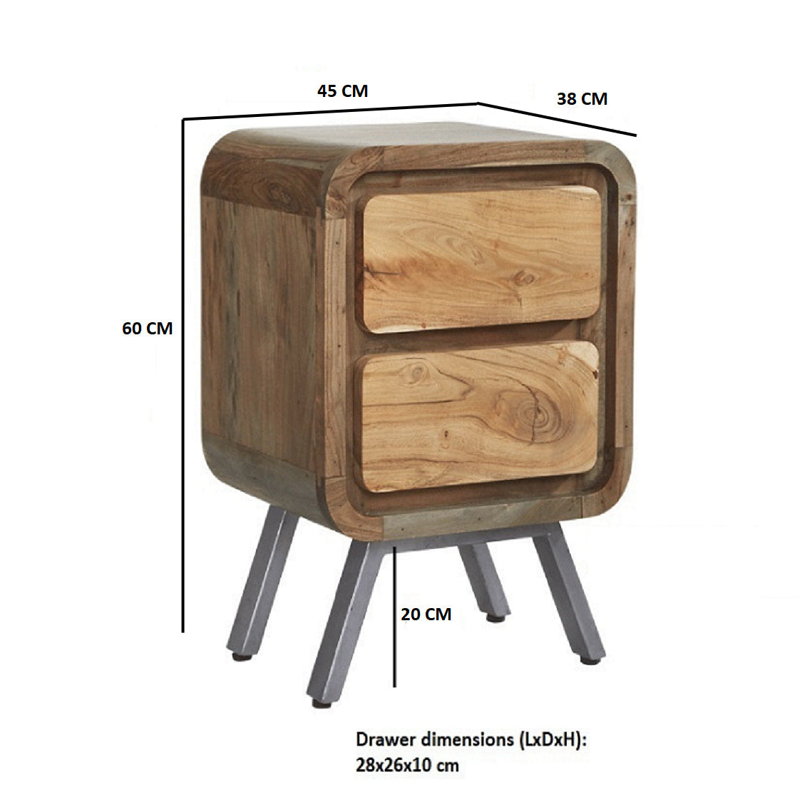 Los Angeles Reclaimed Wood and Metal 2 Drawer Bedside Table