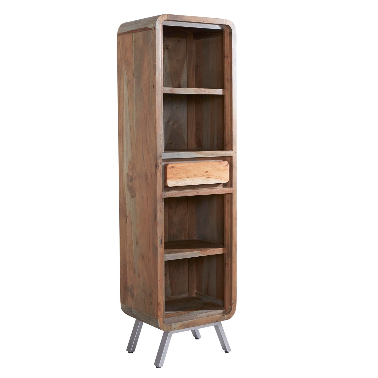 Los Angeles Reclaimed Wood and Metal Narrow Bookcase 1 Drawer 2 Shelves