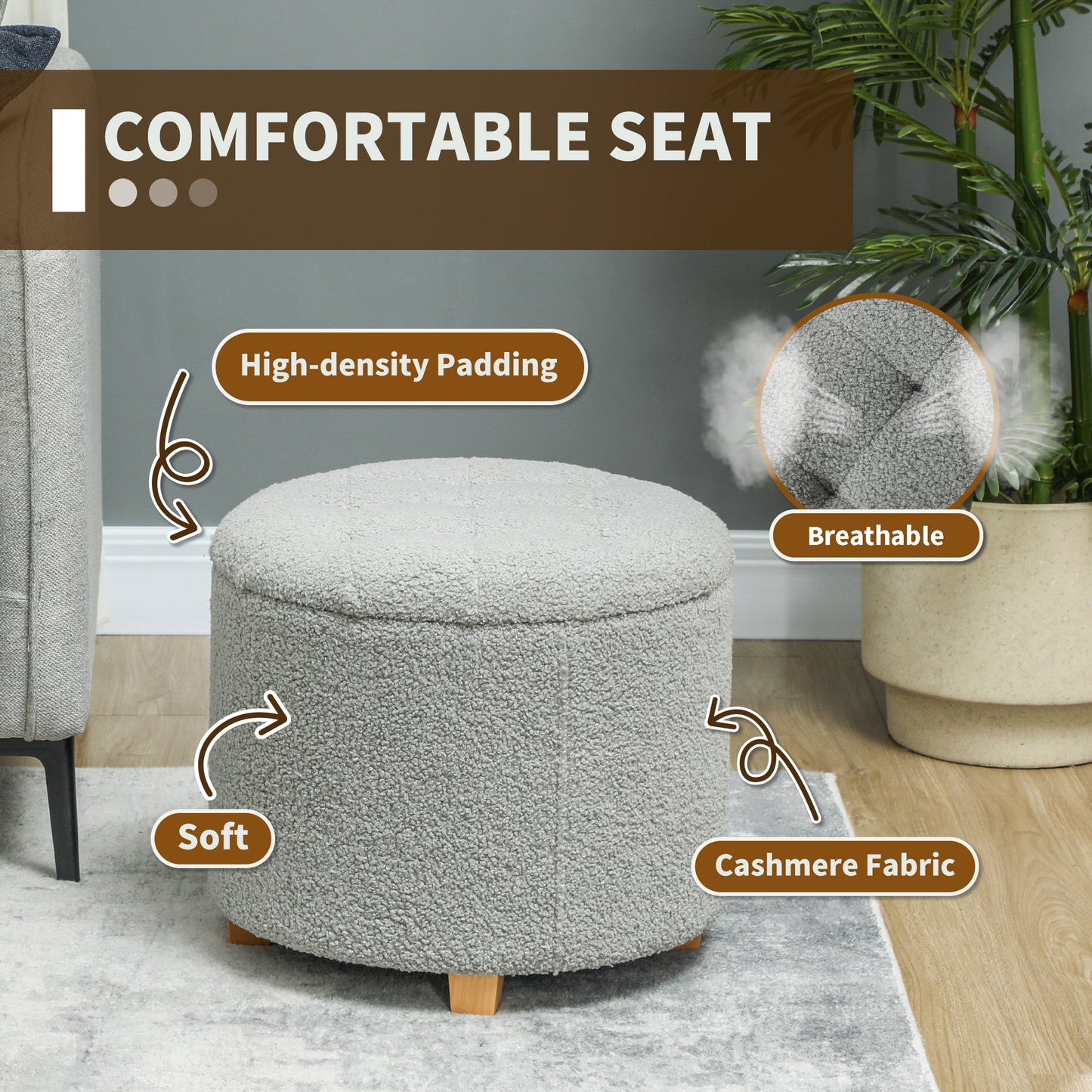 Valefi Teddy Fleece Light Grey Storage Ottoman Diamond Tufted Lid