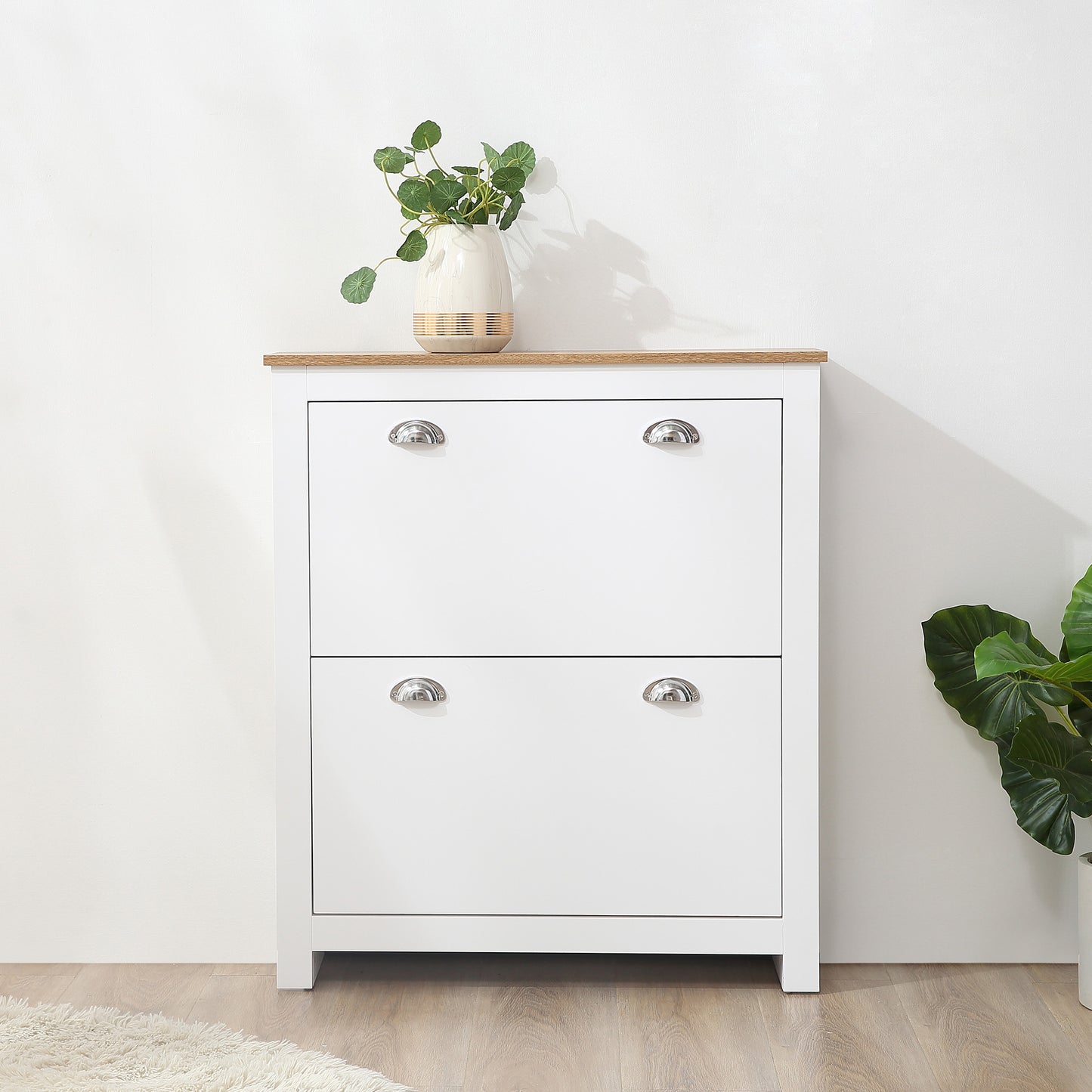Neneka Wooden White and Natural Slim Shoe Cabinet With 2 Flip Drawers For 12 Pairs