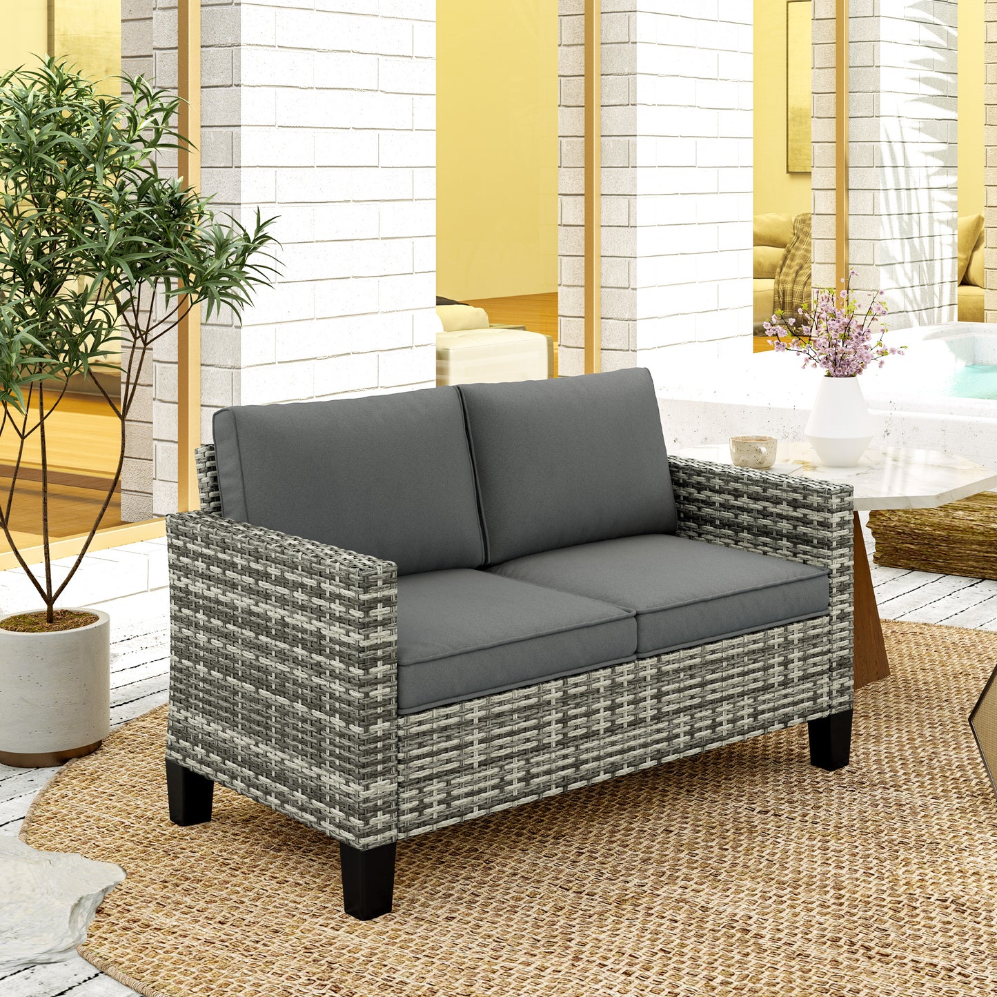 Kalazi Rattan Light Grey 2 Seater Outdoor Sofa With Cushions