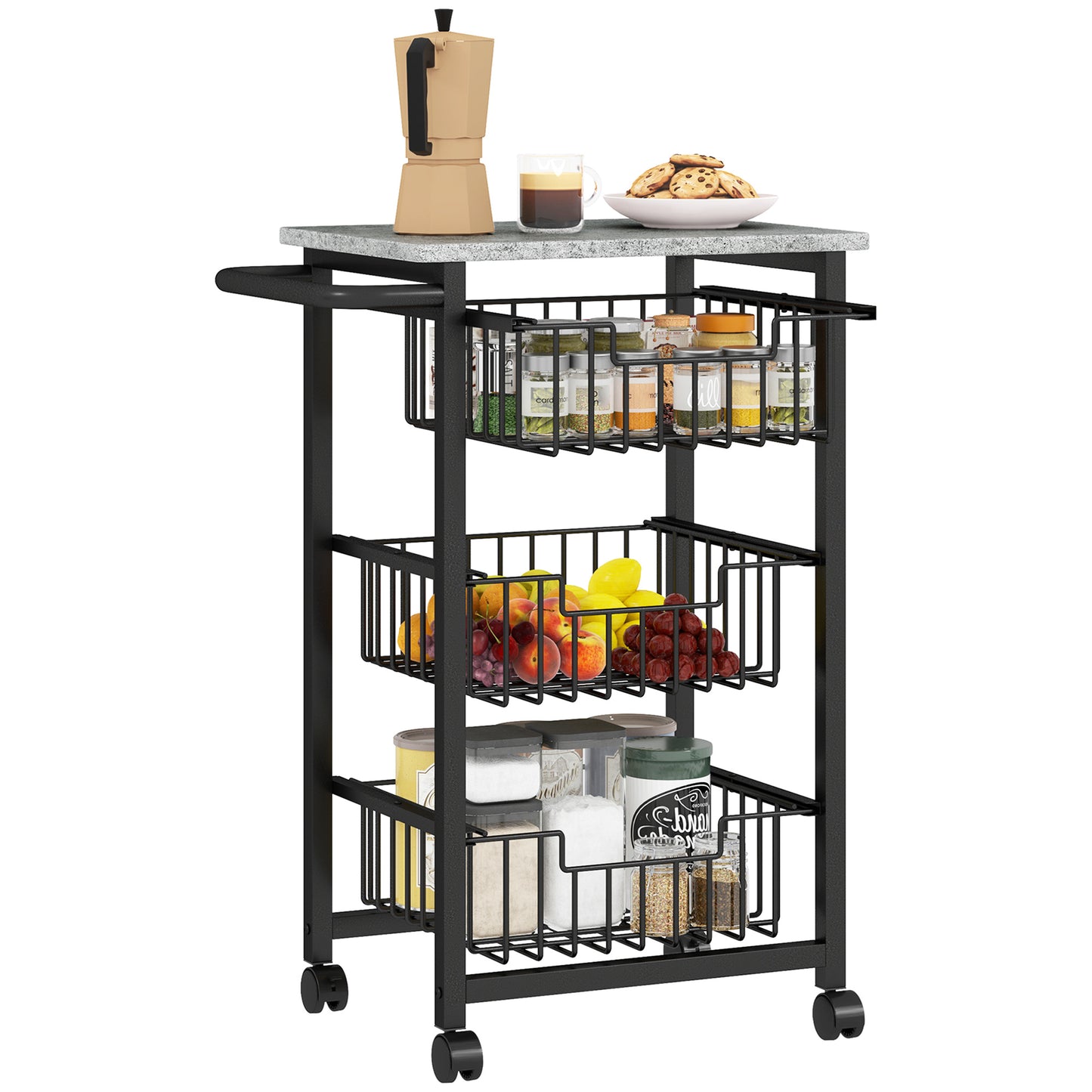 Firo Metal Grey And Black 3 Basket Mobile Kitchen Trolley With Locking Wheels