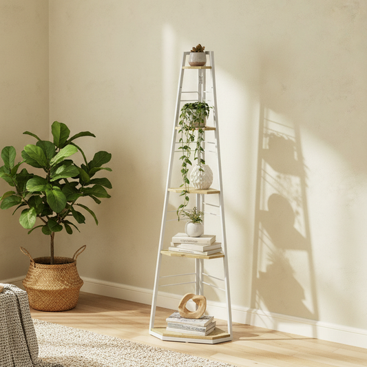 Hetto Wood White And Wood Effect 5 Tier Corner Shelving Unit