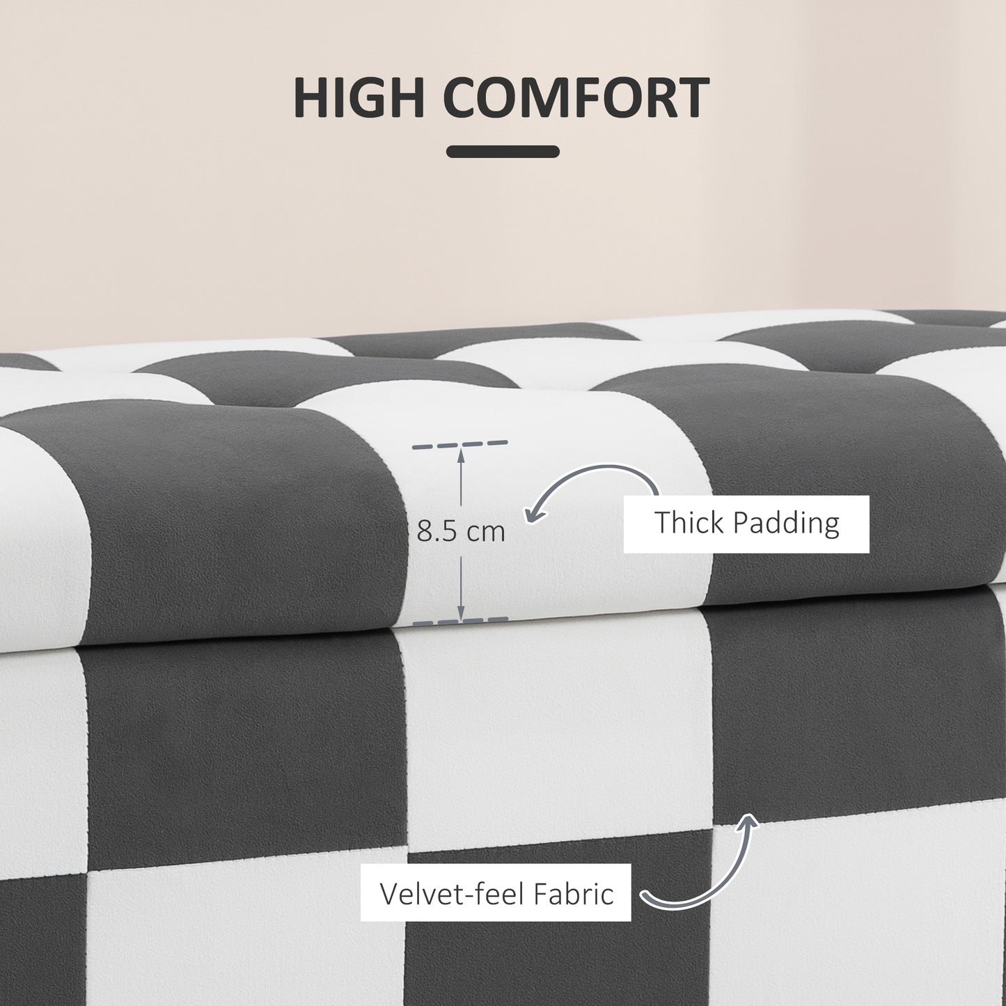 Susula Velvet Dark Grey And White Check Pattern Storage Bench With Wooden Legs