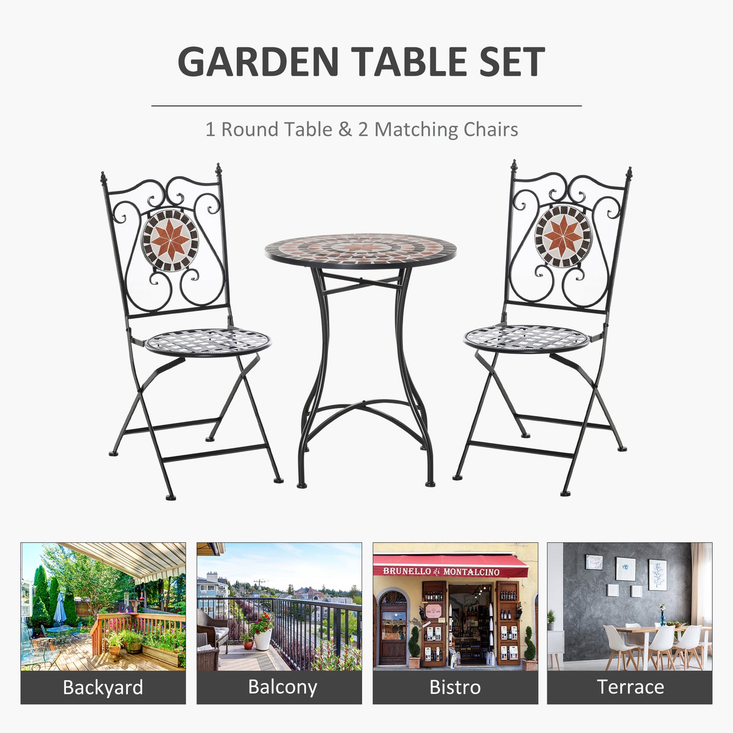 Rakamo 3 Piece Mosaic Garden Outdoor Bistro Table And Chair Set Orange