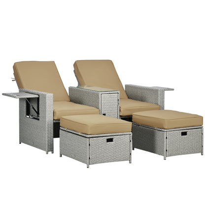 Luva Faux Rattan Grey and Beige 5 Piece Adjustable Sun Lounger Set With Storage Table And Footstools