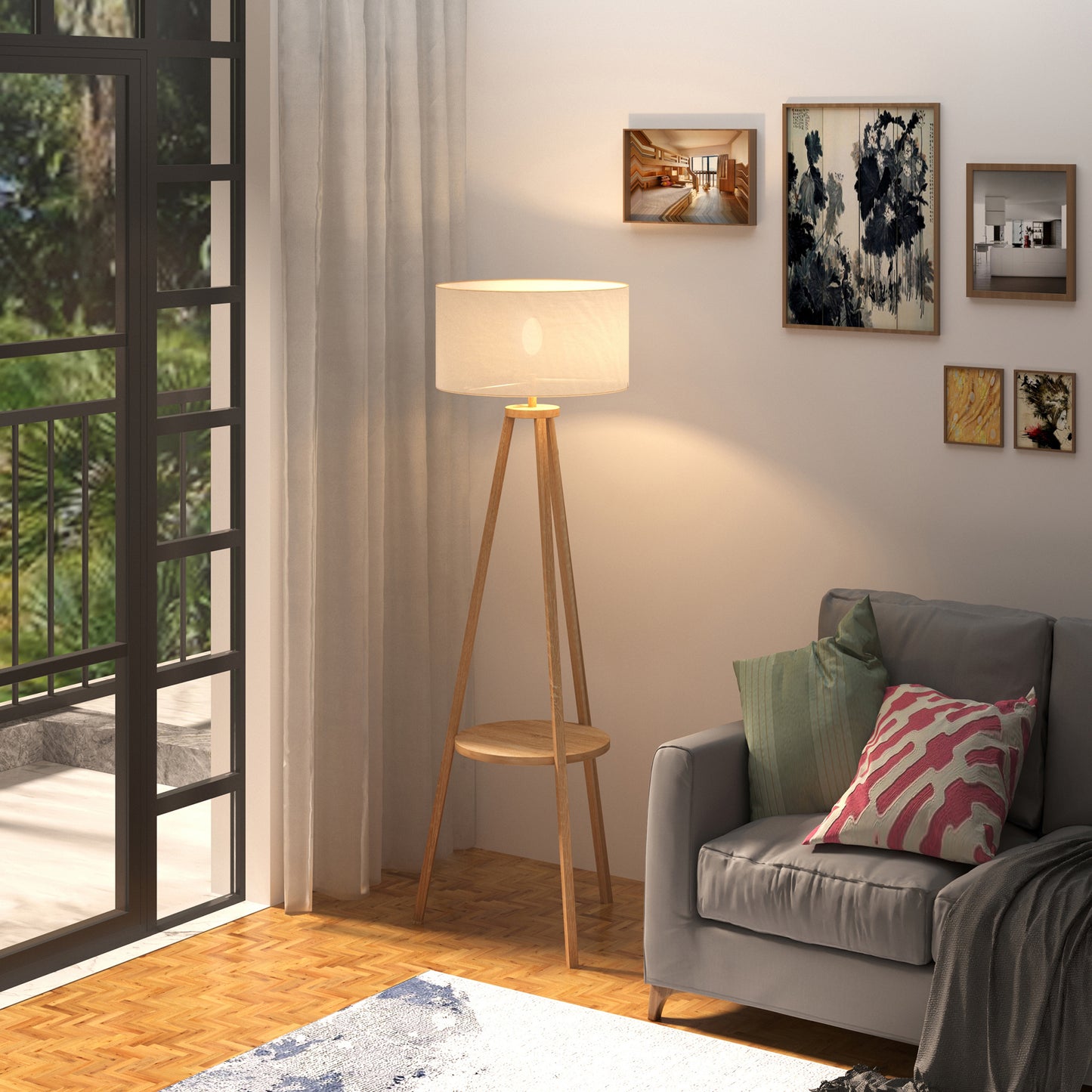 Laravi Natural Wood And Fabric Cream Tripod Floor Lamp With Shelf And Linen Shade 154 cm