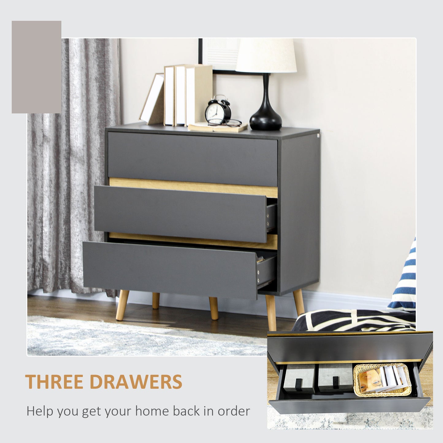 Vetasu Natural and Grey 3 Drawer Storage Chest with Wooden Angled Legs