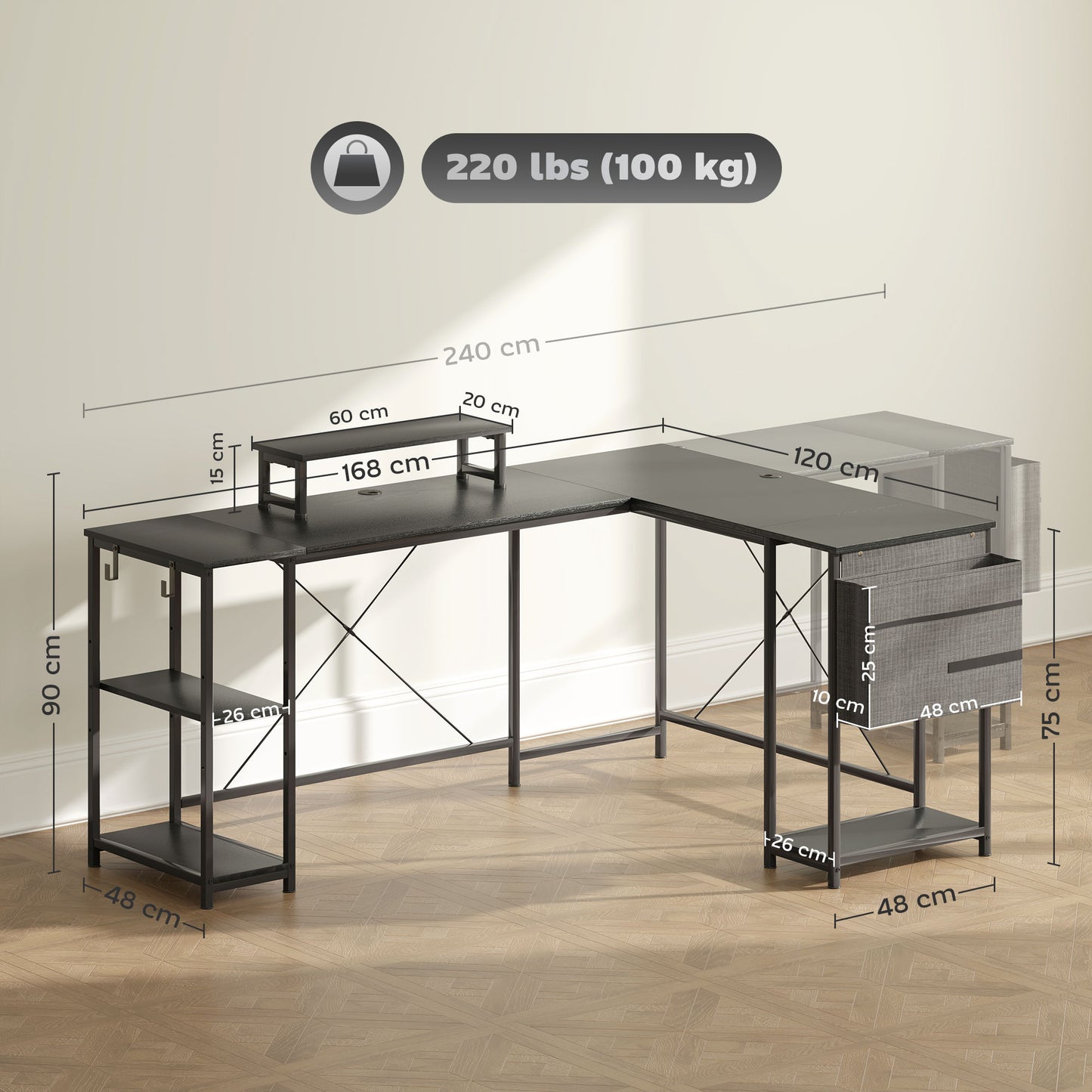 Kadoso 168cm Black Reversible Industrial L Shaped Desk With Adjustable Shelves And Monitor Stand