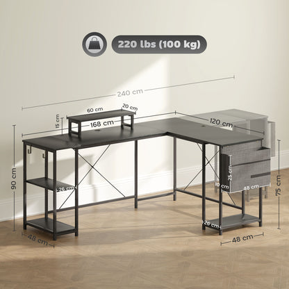 Kadoso 168cm Black Reversible Industrial L Shaped Desk With Adjustable Shelves And Monitor Stand