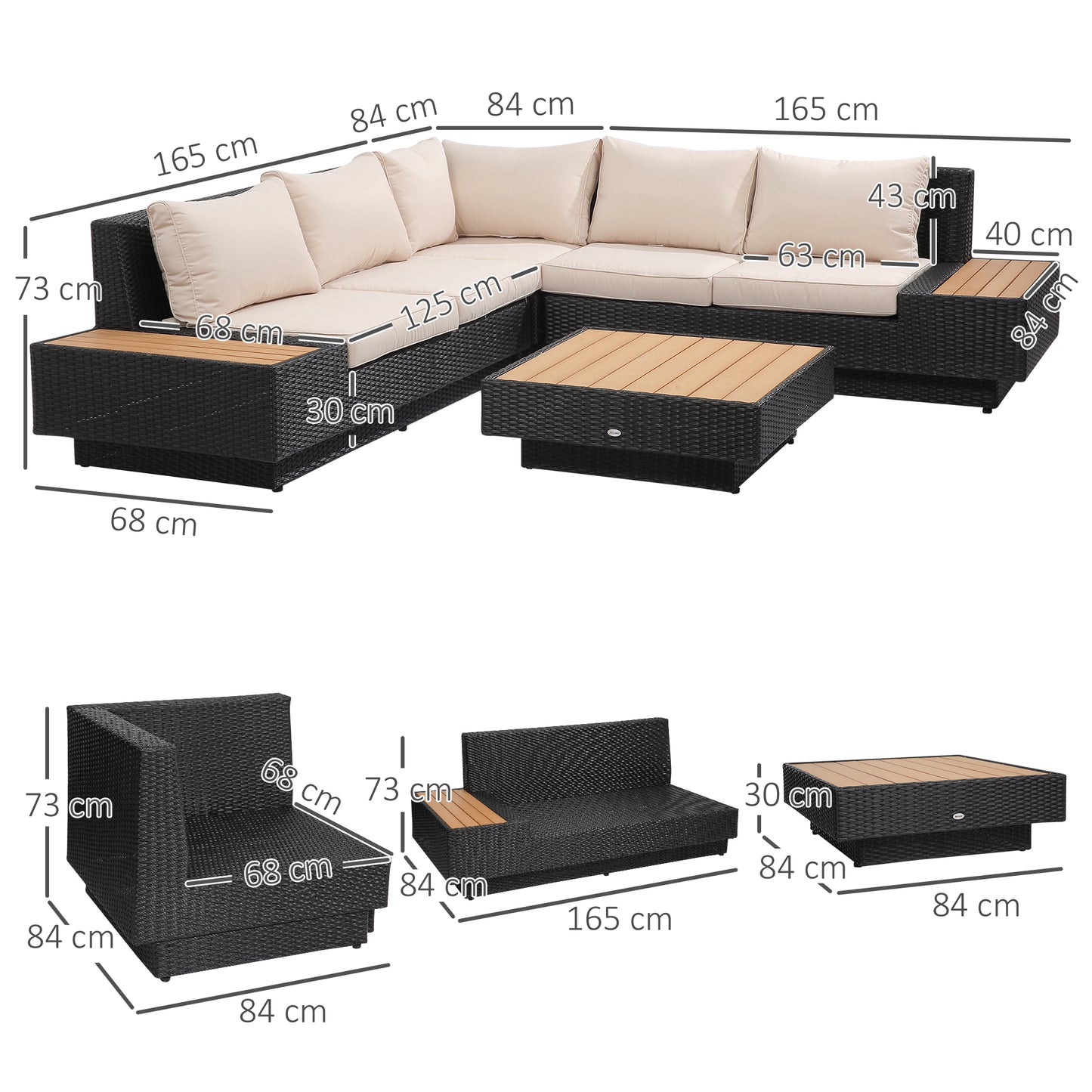 Miramar Rattan Black 5 Seater Outdoor Corner Sofa And Coffee Table Set With Cream Cushions