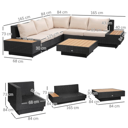 Miramar Rattan Black 5 Seater Outdoor Corner Sofa And Coffee Table Set With Cream Cushions