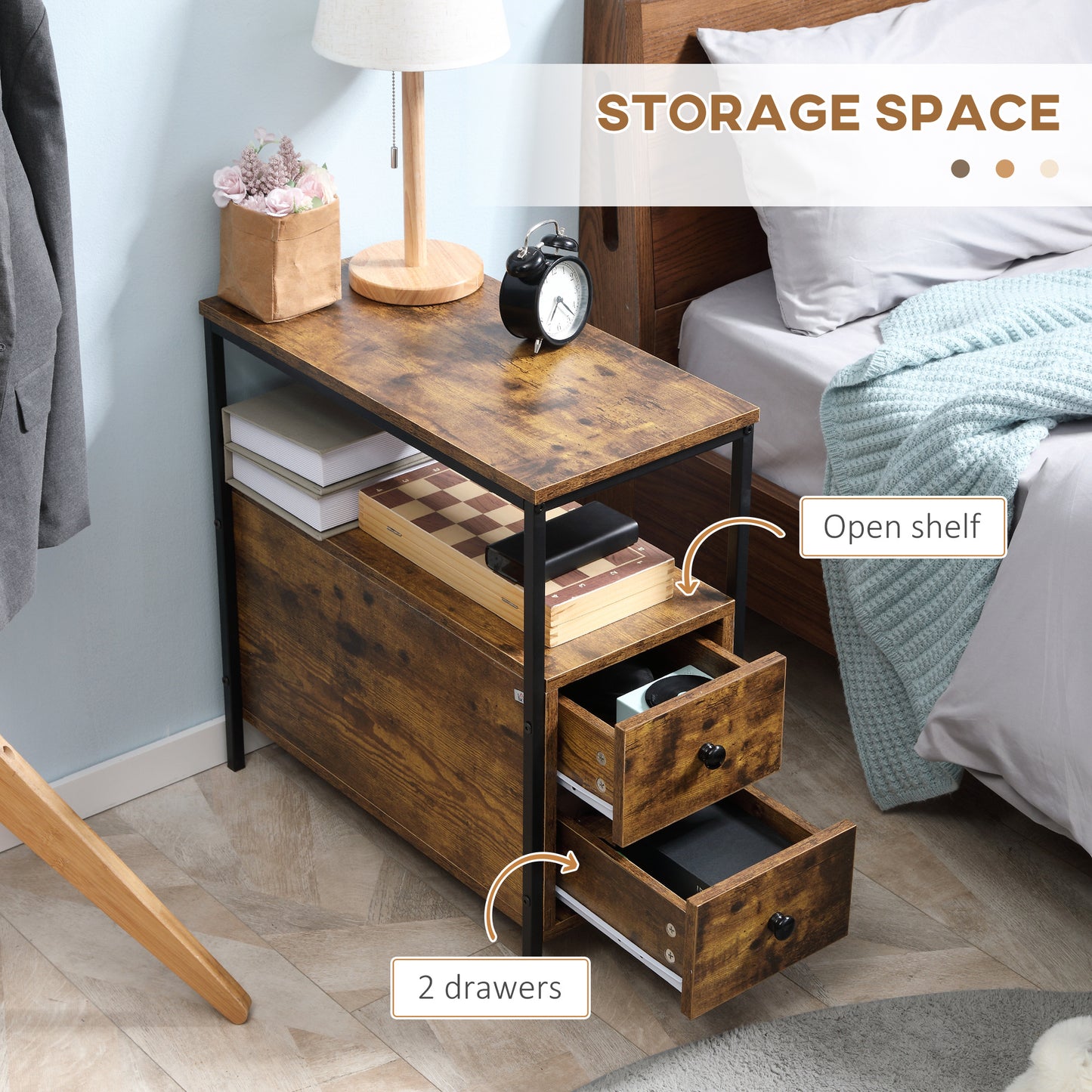 Mirayo Set Of 2 Narrow Industrial Side Tables With 2 Drawers And Shelves Wooden Rustic Brown