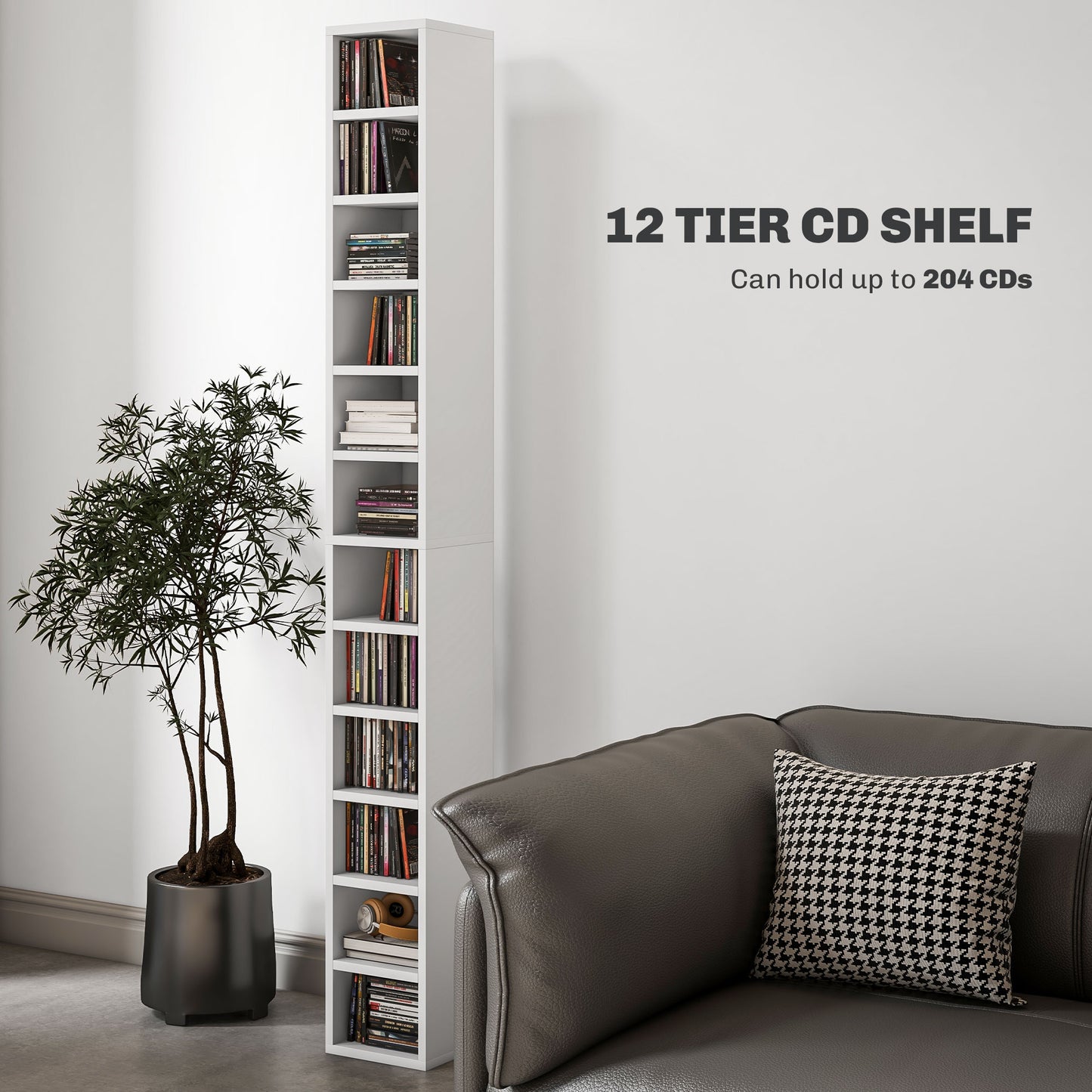 Manina Wood White Tall Narrow CD Storage Tower With 204 Disc Capacity