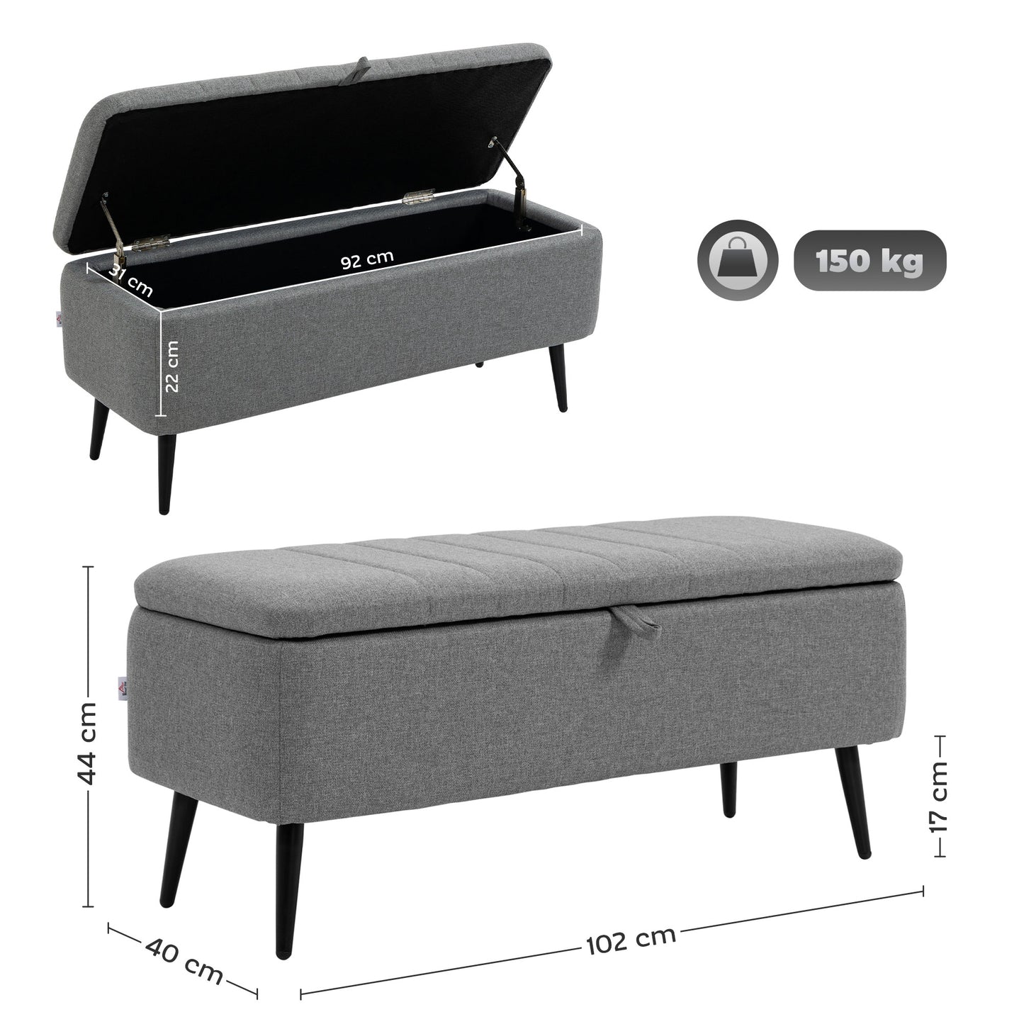 Kala Fabric Grey Rectangular Storage Ottoman Bench With Flip Top And Steel Legs