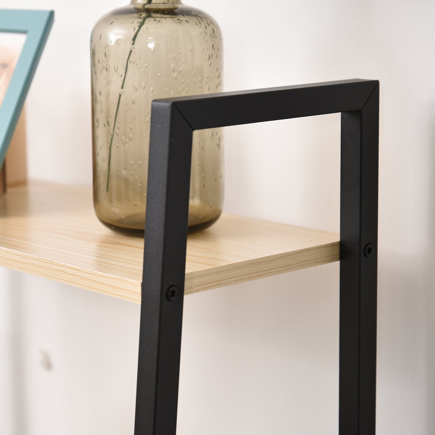 Karafi Lura Wood And Metal Oak And Black 4 Tier Ladder Style Bookshelf