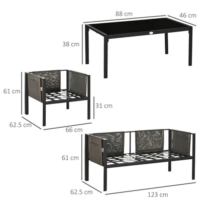 Vafa 4 Seater Brown Rattan Rope Garden Furniture Set woth Tempered Glass Coffee Table Sofa and 2 Armchairs