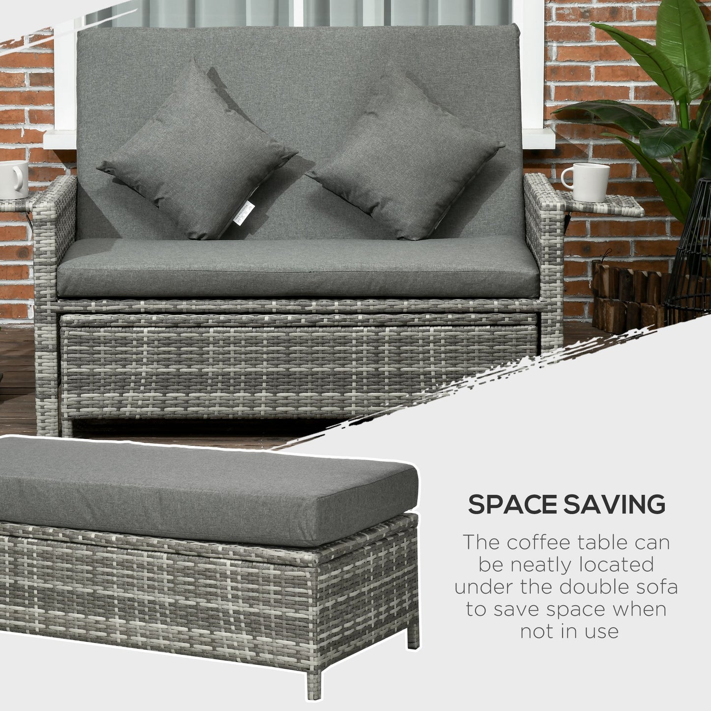 Elco Faux Rattan Mixed Grey Double Outdoor Daybed With Adjustable Back Storage Ottoman Cushions And Trays