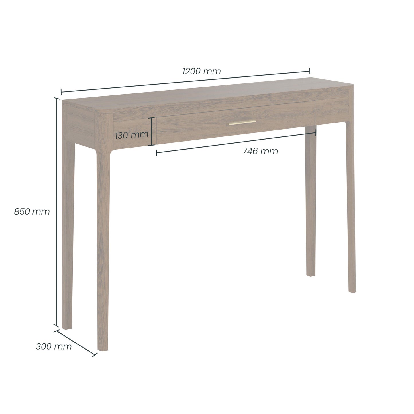 Parma Walnut Oak and Brass Console Table with Drawer
