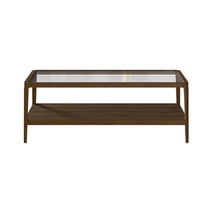 Denver Walnut Wood and Glass Top Coffee Table with Bottom Shelf
