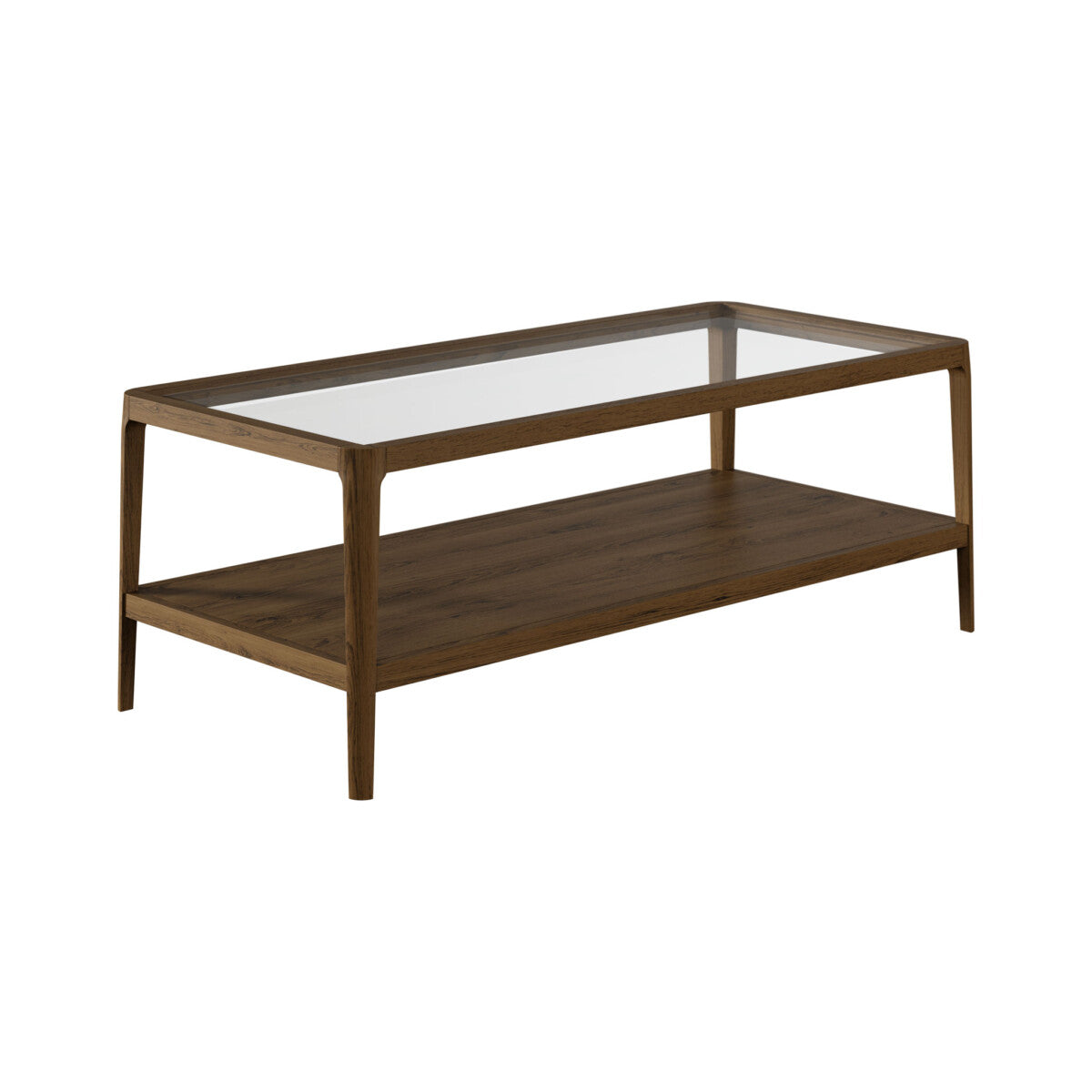 Denver Walnut Wood and Glass Top Coffee Table with Bottom Shelf