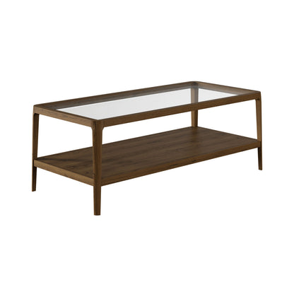 Denver Walnut Wood and Glass Top Coffee Table with Bottom Shelf