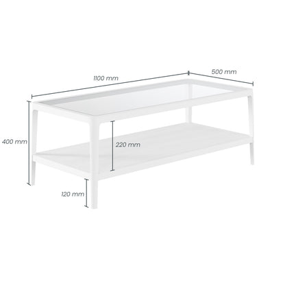 San Senastian White Wood and Glass Top Coffee Table with Bottom Shelf