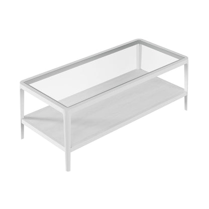 San Senastian White Wood and Glass Top Coffee Table with Bottom Shelf