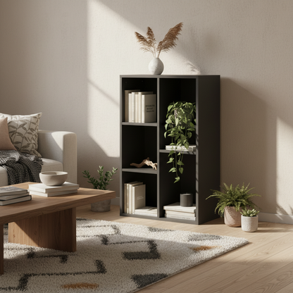 Vakeri Wood Black 2 Tier Bookcase With 5 Storage Compartments
