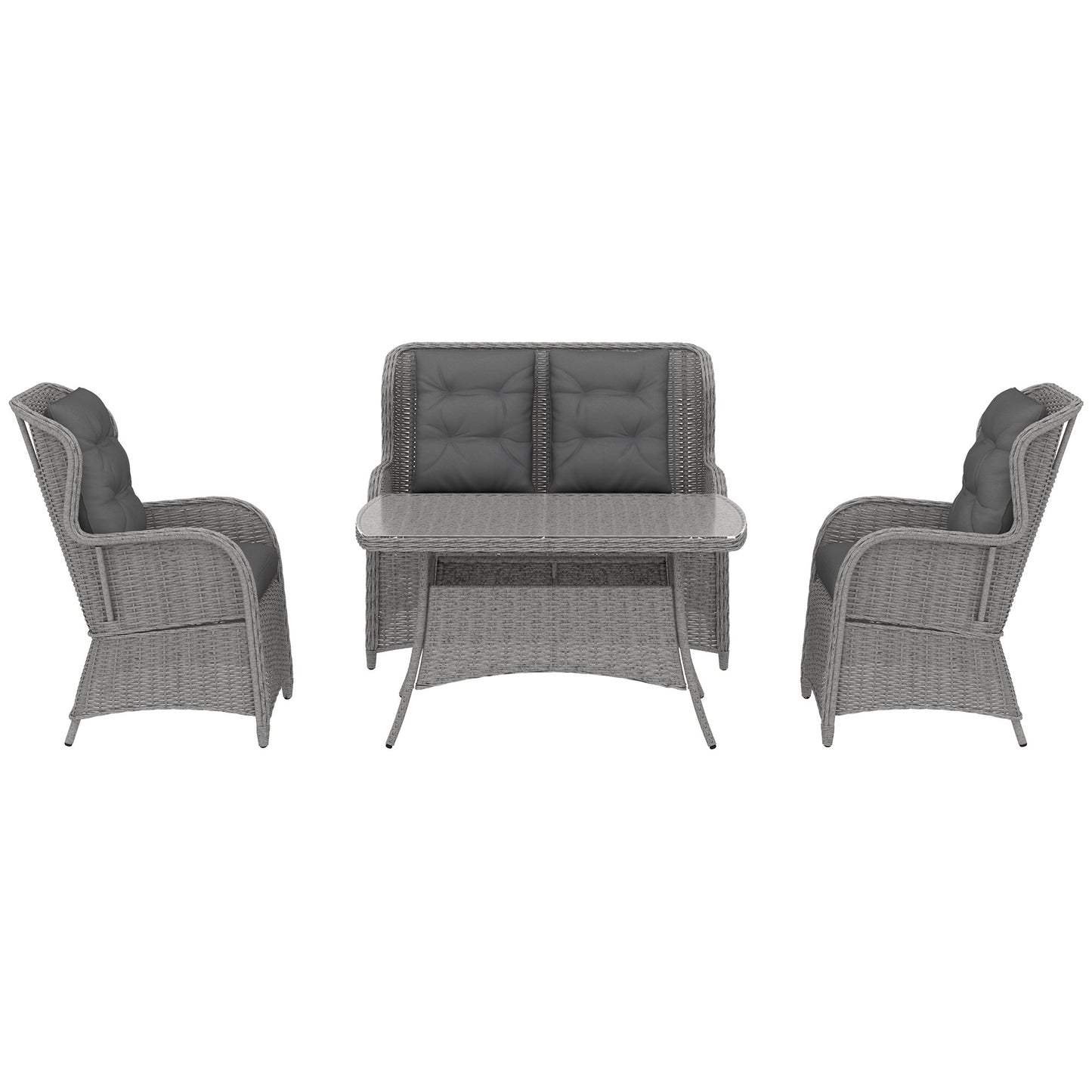 Fano Faux Rattan Grey 4 Seater Outdoor Dining Sofa Set With High Back Chairs And Glass Table