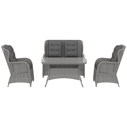 Fano Faux Rattan Grey 4 Seater Outdoor Dining Sofa Set With High Back Chairs And Glass Table