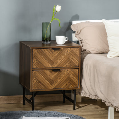 Lipana Wood Walnut Brown 2 Drawer Bedside Table With Metal Handle Detail