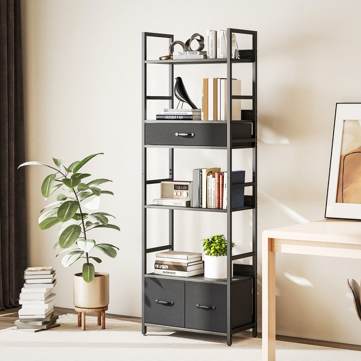 Laro Metal And Wood Grey And Black Industrial Bookcase With 4 Shelves And Fabric Drawers