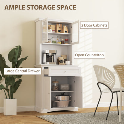 Tole Wooden White 4 Door Kitchen Cupboard With Drawer Glass Doors And OFauxn Counter