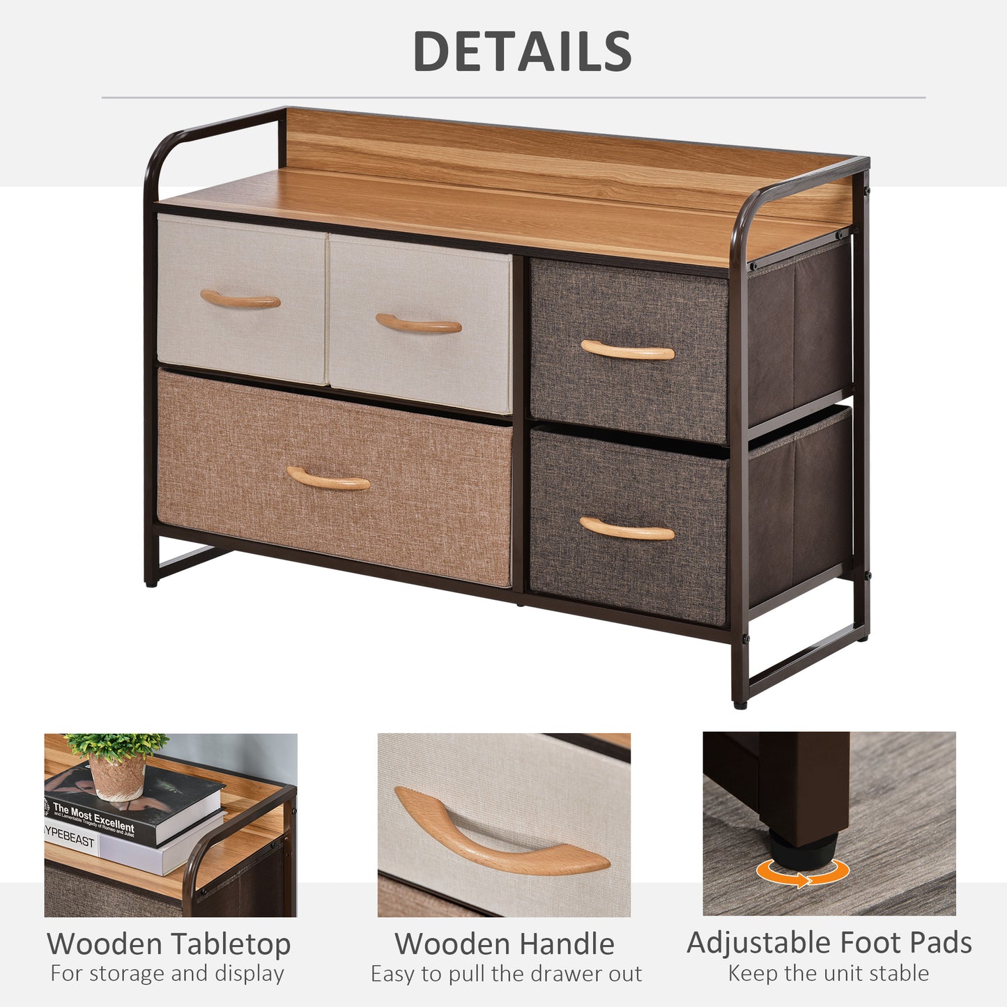 Zini Brown 5 Linen Drawers Dresser With Steel Frame And Wood Top