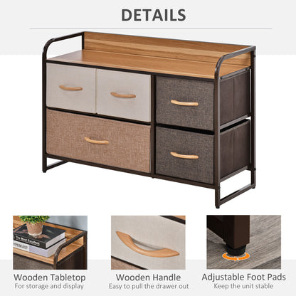 Zini Brown 5 Linen Drawers Dresser With Steel Frame And Wood Top