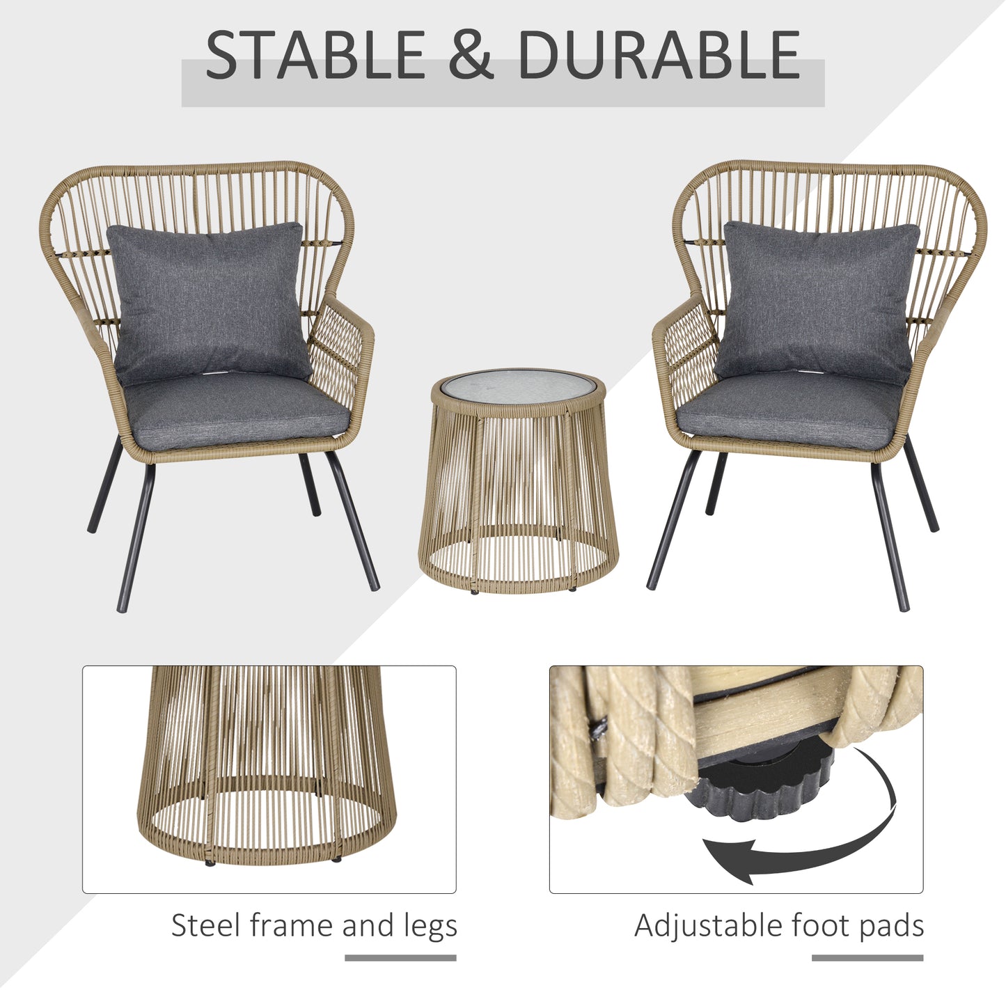 Luluse Natural Brown Rattan 3 Piece Outdoor Garden Bistro Set With Grey Cushions And Glass Coffee Table