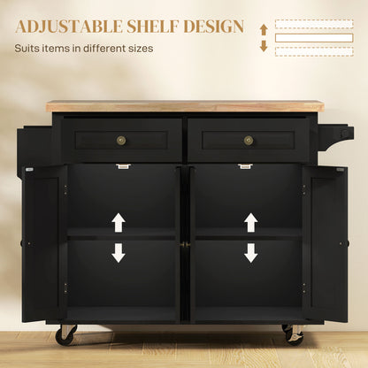 Telatti Rubberwood Top Black Rolling Kitchen Island With Drawers And Storage