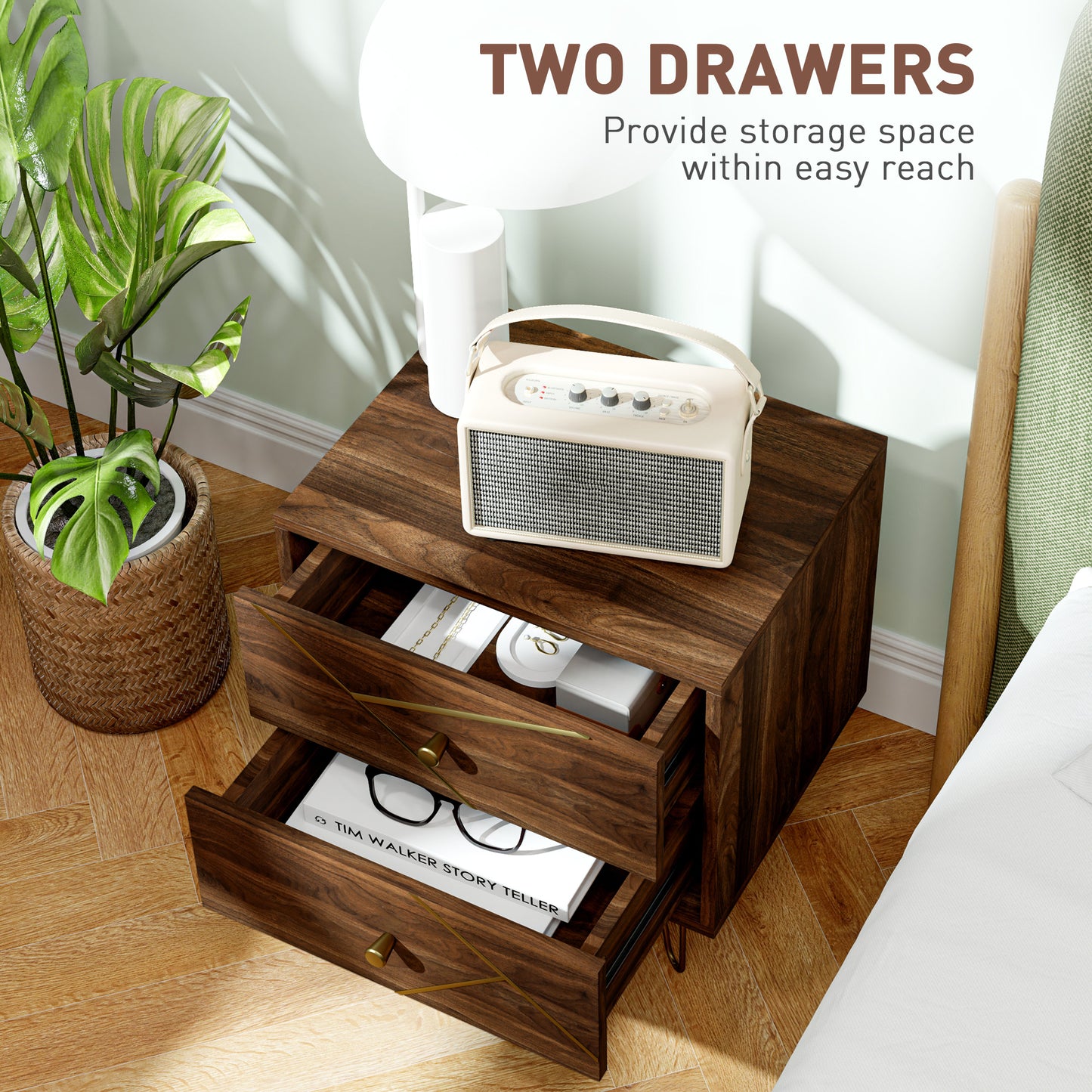 Vasare Soel Set Of 2 Gold and Brown Wood Grain Bedside Tables 2 Drawers Hairpin Legs