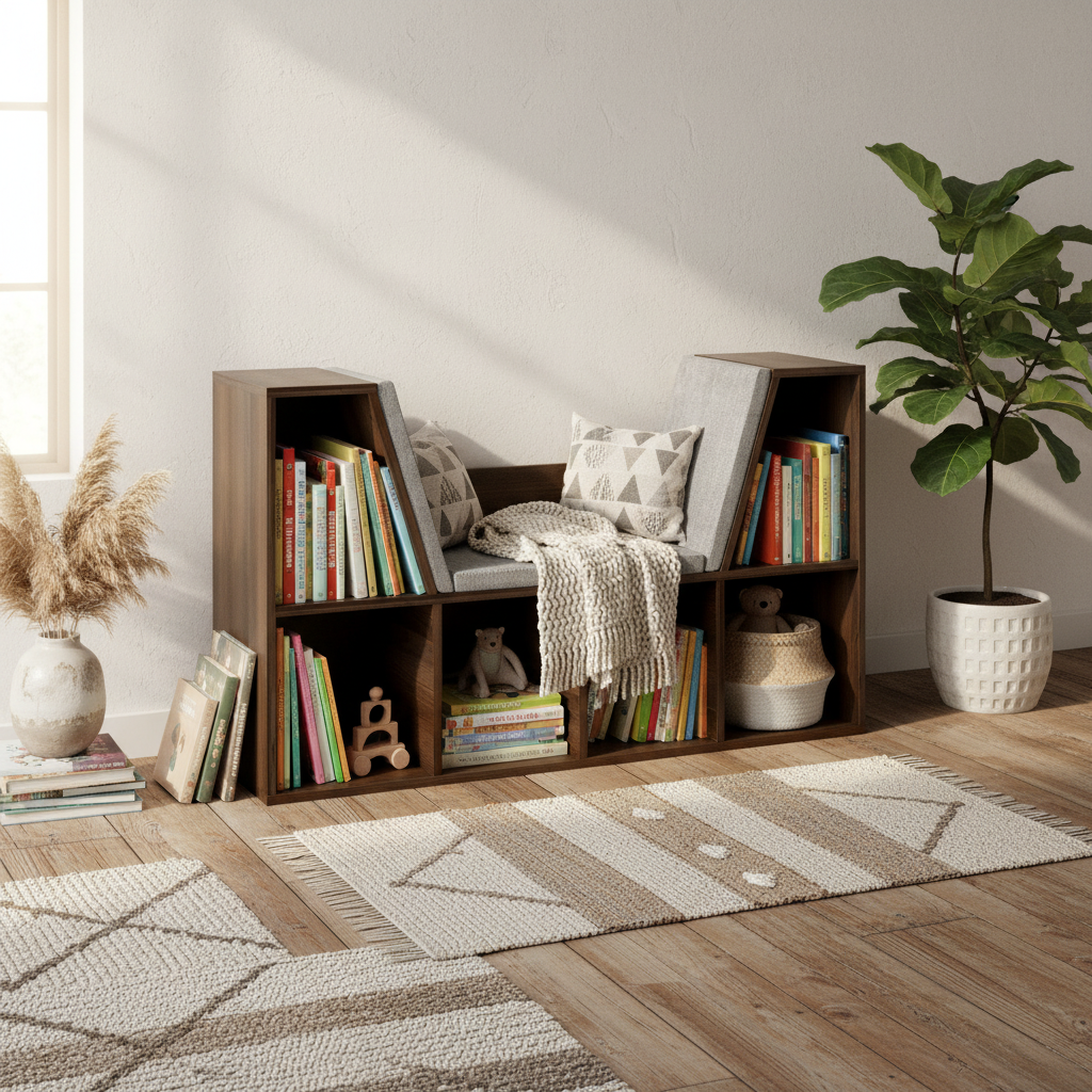 Elka Wood Chestnut Cube Bookcase With Cushioned Reading Seat
